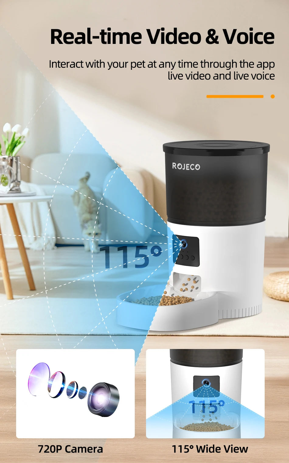 ROJECO Smart Automatic Cat Feeder with Camera & Voice Recorder