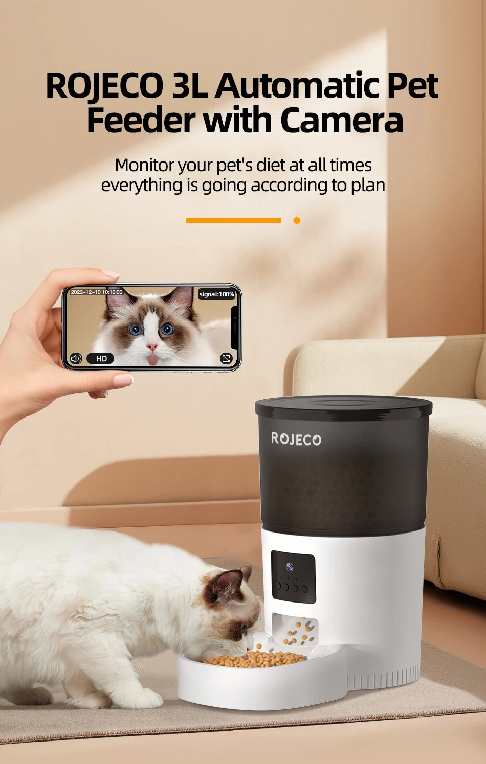 ROJECO Smart Automatic Cat Feeder with Camera & Voice Recorder
