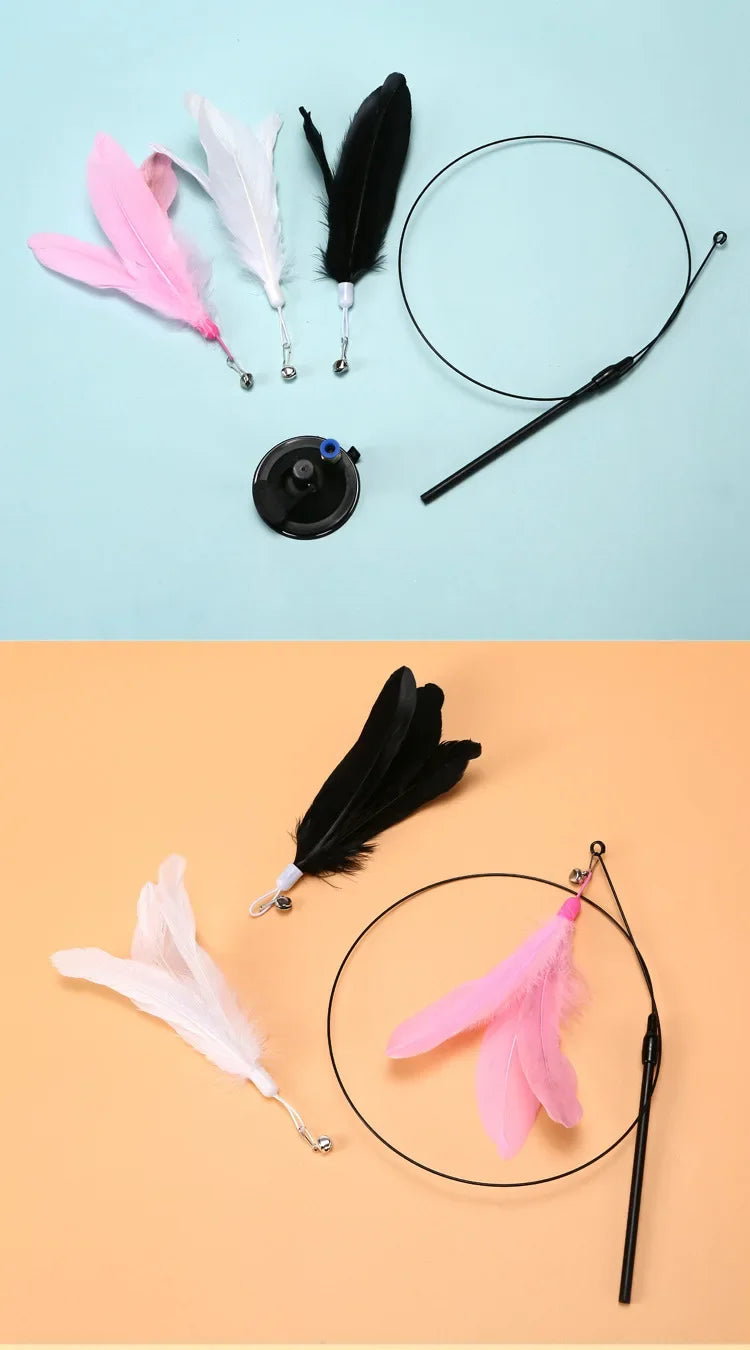Interactive Cat Teaser Stick – Suction Cup Toy with Bell & Replaceable Feather