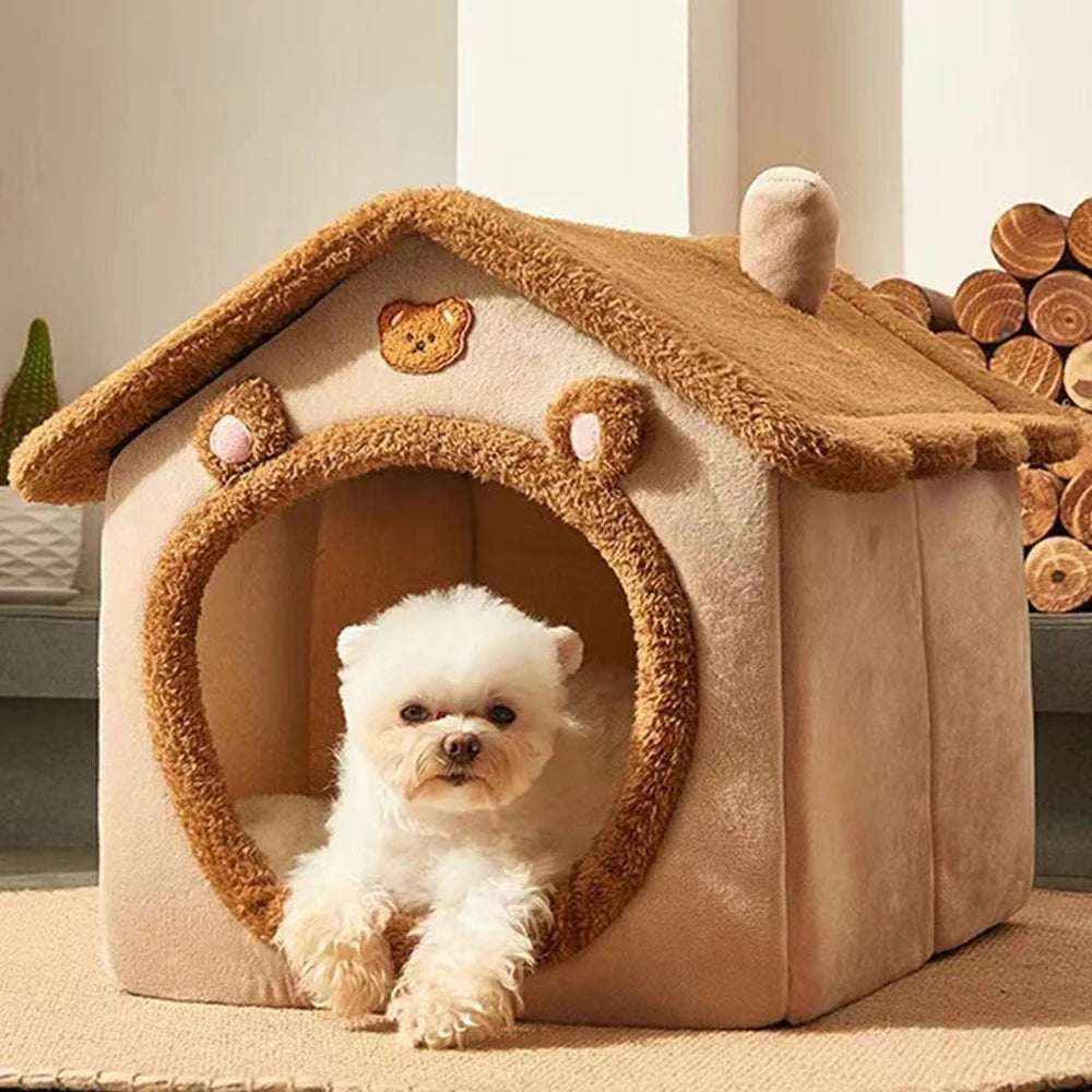 Cozy Teddy Bear Enclosed Pet Bed – Ultimate Comfort for Cats & Small Dogs
