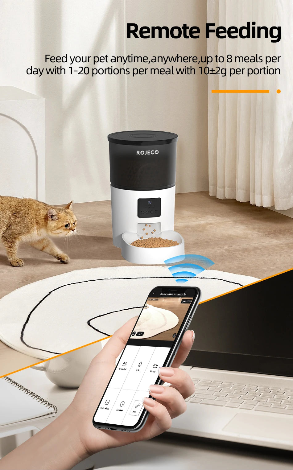 ROJECO Smart Automatic Cat Feeder with Camera & Voice Recorder