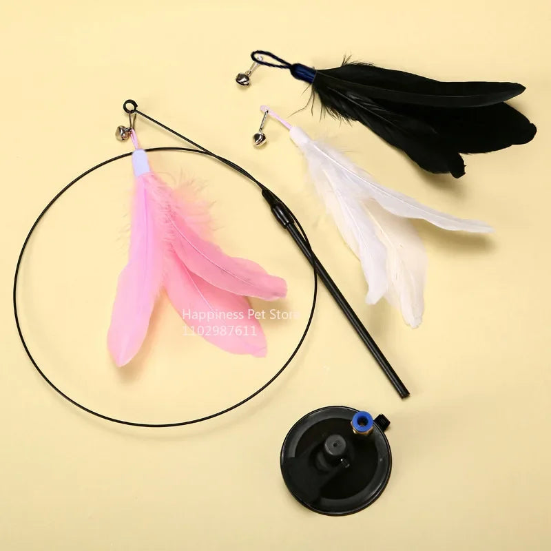 Interactive Cat Teaser Stick – Suction Cup Toy with Bell & Replaceable Feather