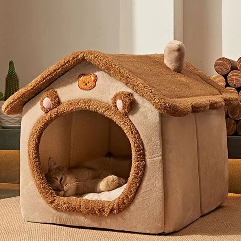 Cozy Teddy Bear Enclosed Pet Bed – Ultimate Comfort for Cats & Small Dogs