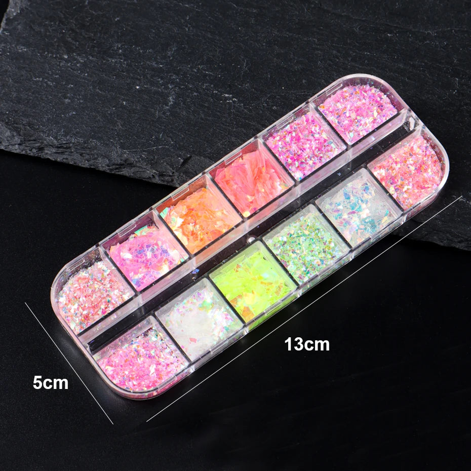 💅 12 Grids Aurora Chameleon Nail Glitter – Dazzling Mermaid Sparkle for Irresistible Nails