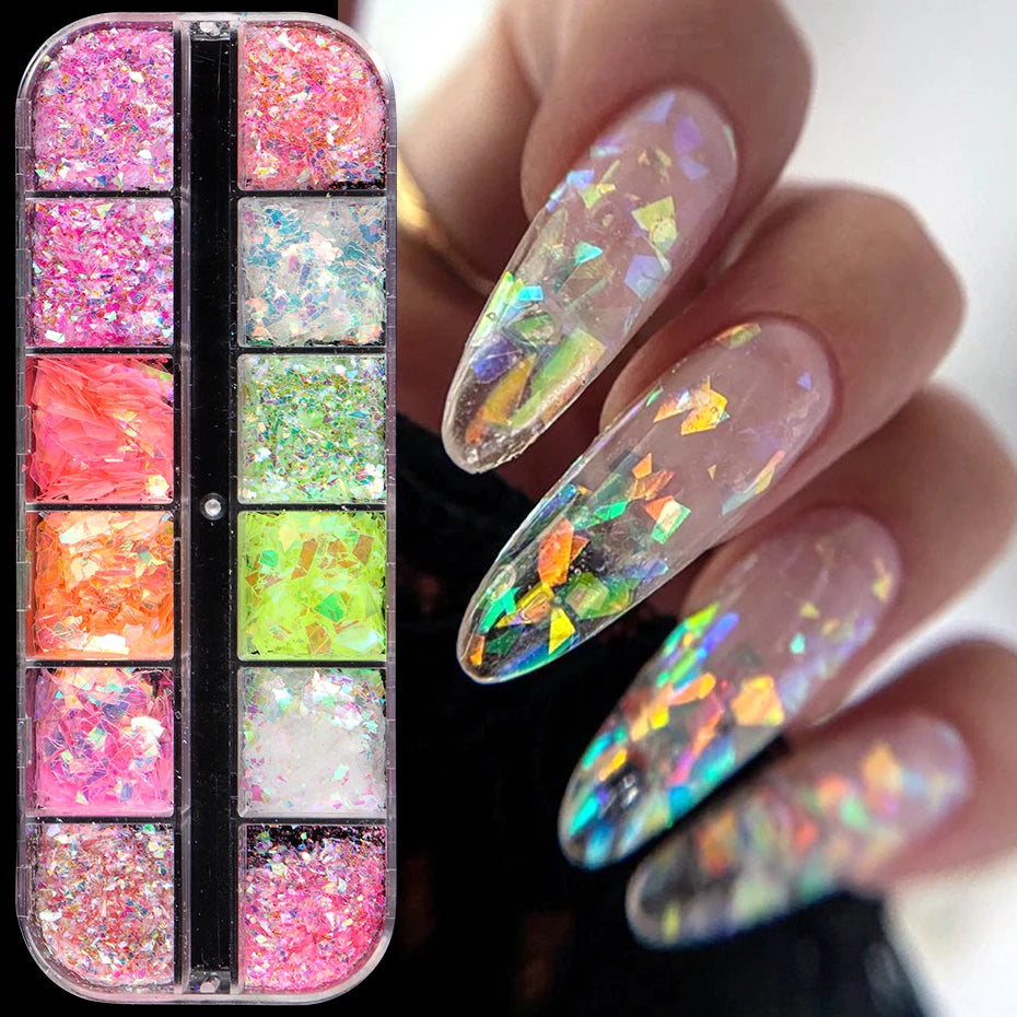 💅 12 Grids Aurora Chameleon Nail Glitter – Dazzling Mermaid Sparkle for Irresistible Nails