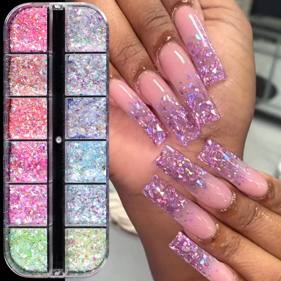 💅 12 Grids Aurora Chameleon Nail Glitter – Dazzling Mermaid Sparkle for Irresistible Nails
