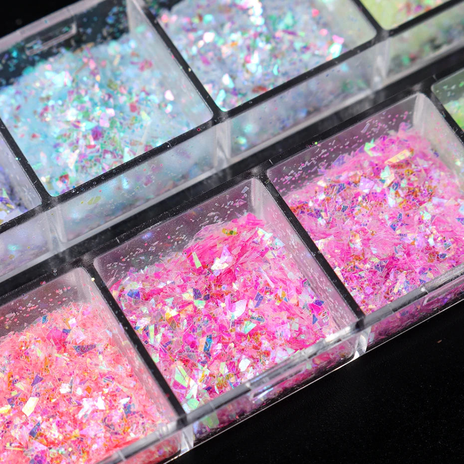 💅 12 Grids Aurora Chameleon Nail Glitter – Dazzling Mermaid Sparkle for Irresistible Nails