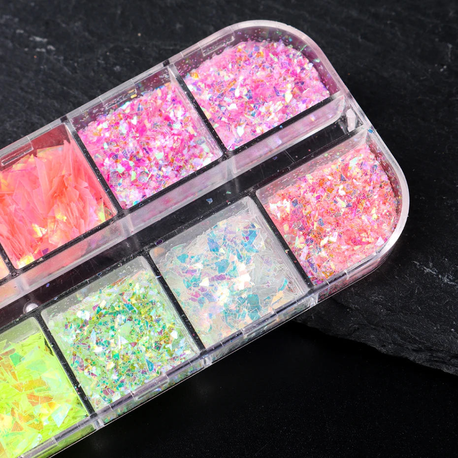 💅 12 Grids Aurora Chameleon Nail Glitter – Dazzling Mermaid Sparkle for Irresistible Nails