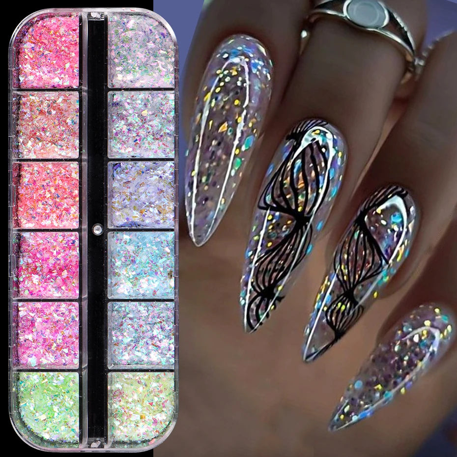 💅 12 Grids Aurora Chameleon Nail Glitter – Dazzling Mermaid Sparkle for Irresistible Nails