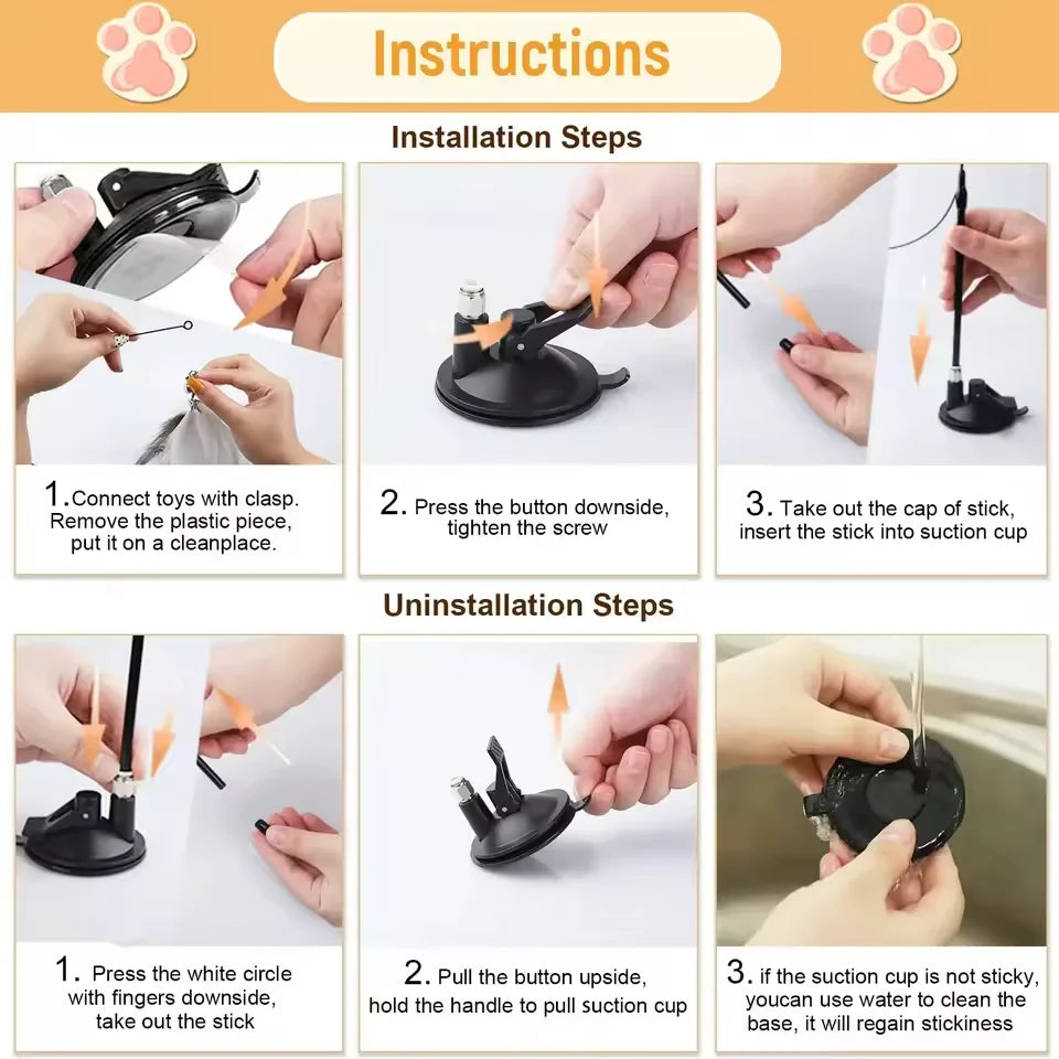 Interactive Cat Teaser Stick – Suction Cup Toy with Bell & Replaceable Feather