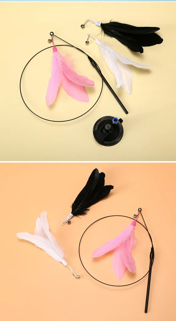 Interactive Cat Teaser Stick – Suction Cup Toy with Bell & Replaceable Feather