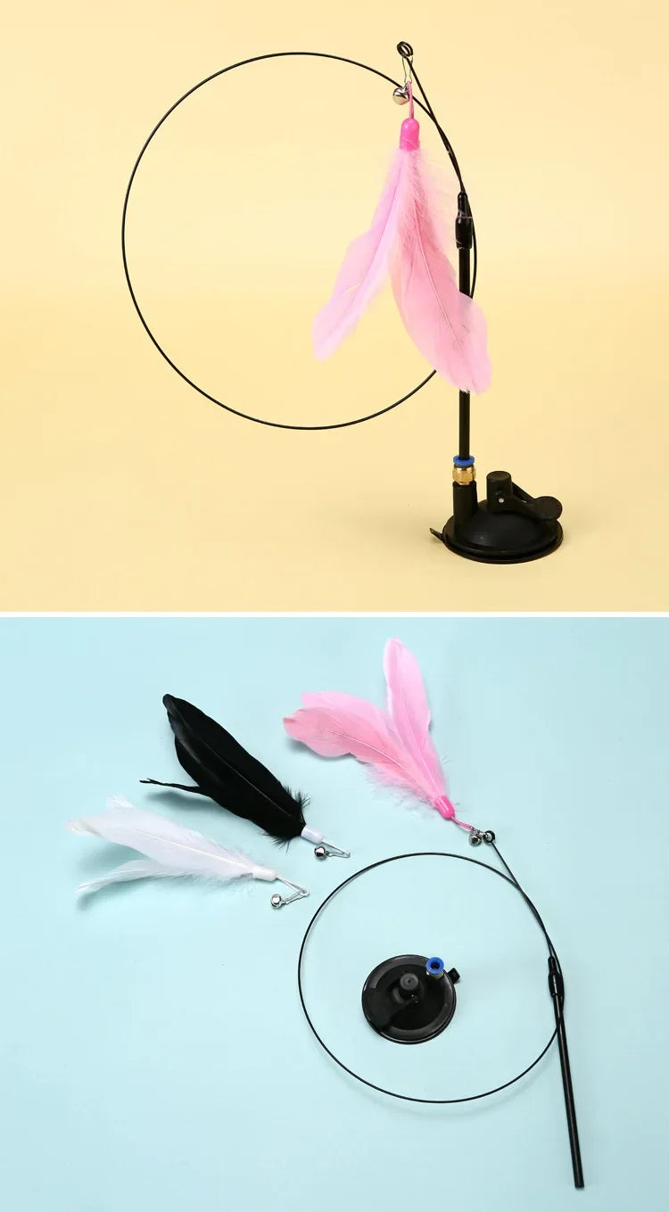 Interactive Cat Teaser Stick – Suction Cup Toy with Bell & Replaceable Feather