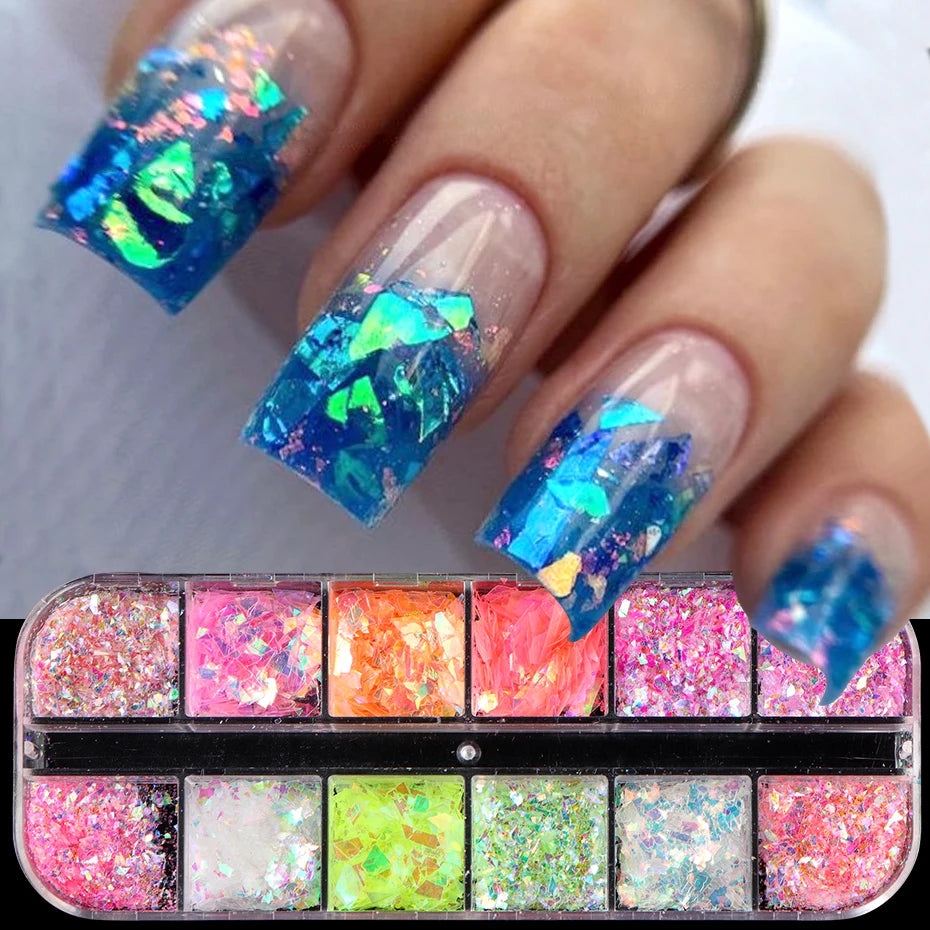 💅 12 Grids Aurora Chameleon Nail Glitter – Dazzling Mermaid Sparkle for Irresistible Nails