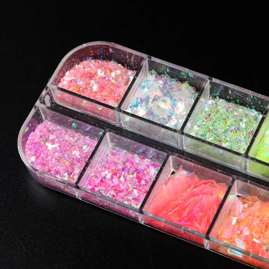 💅 12 Grids Aurora Chameleon Nail Glitter – Dazzling Mermaid Sparkle for Irresistible Nails