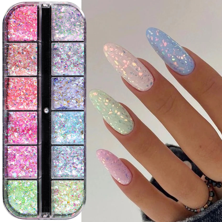 💅 12 Grids Aurora Chameleon Nail Glitter – Dazzling Mermaid Sparkle for Irresistible Nails