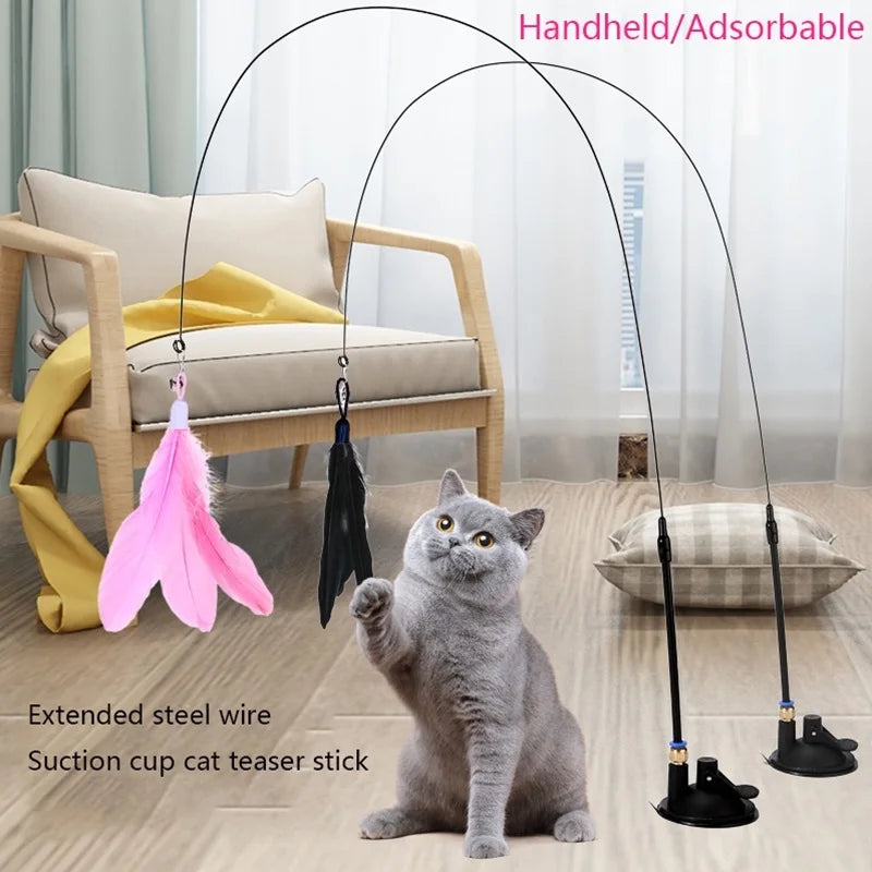 Interactive Cat Teaser Stick – Suction Cup Toy with Bell & Replaceable Feather