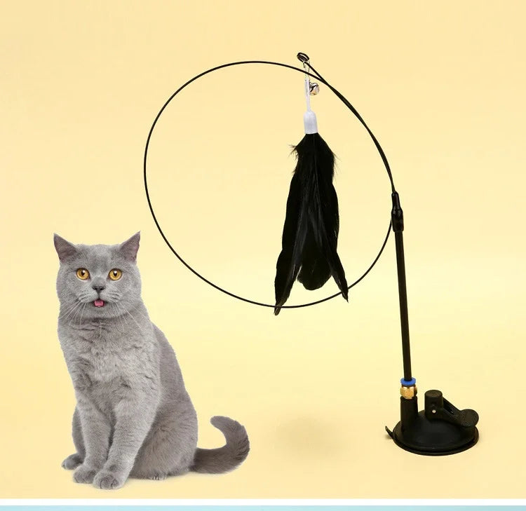 Interactive Cat Teaser Stick – Suction Cup Toy with Bell & Replaceable Feather