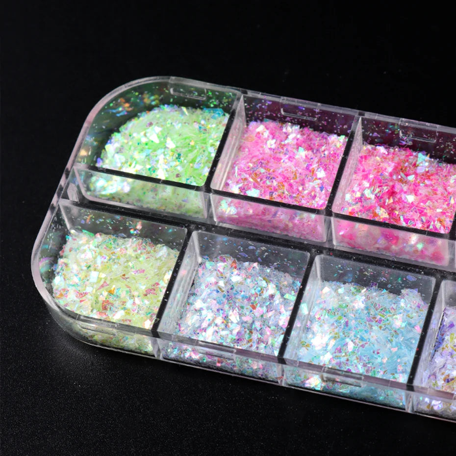 💅 12 Grids Aurora Chameleon Nail Glitter – Dazzling Mermaid Sparkle for Irresistible Nails