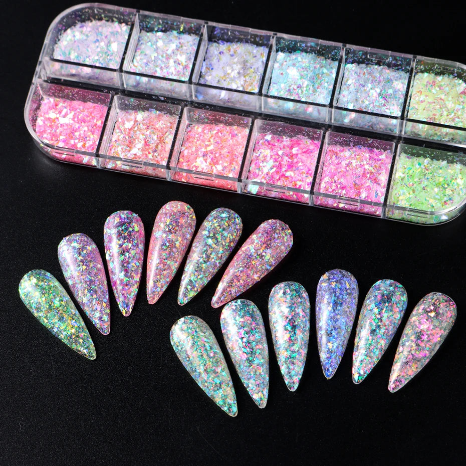 💅 12 Grids Aurora Chameleon Nail Glitter – Dazzling Mermaid Sparkle for Irresistible Nails